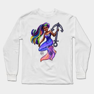 African American mermaid with flowing rainbow hair and anchor , brown eyes curly Afro hair and caramel brown skin Long Sleeve T-Shirt